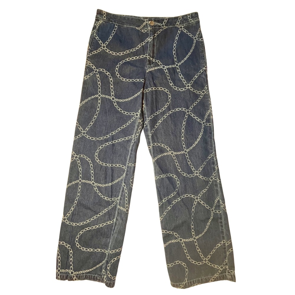 J.McLaughlin Chain Link Wide Leg Denim Pants Blue Cotton 6 Coastal Nautical Chic